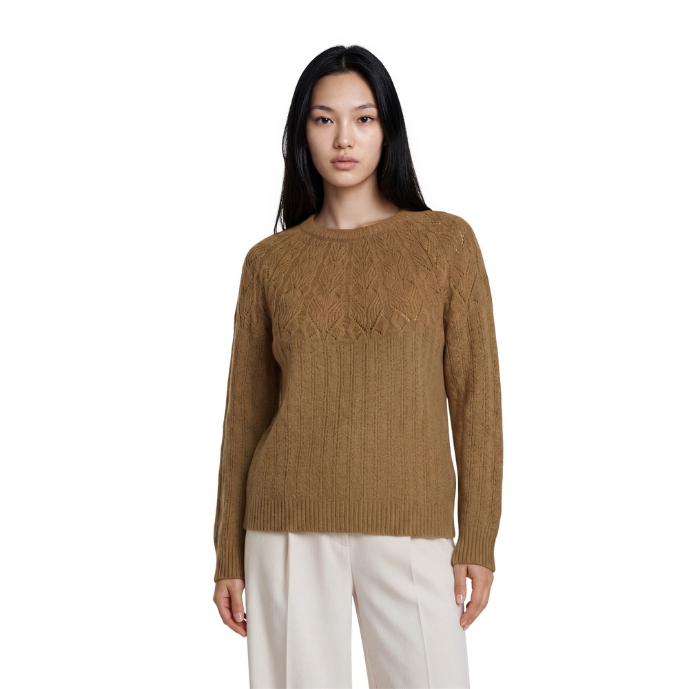 Talbots Sweater Women's Size Medium Camel Metallic Pointelle Yoke Mono Fair Isle